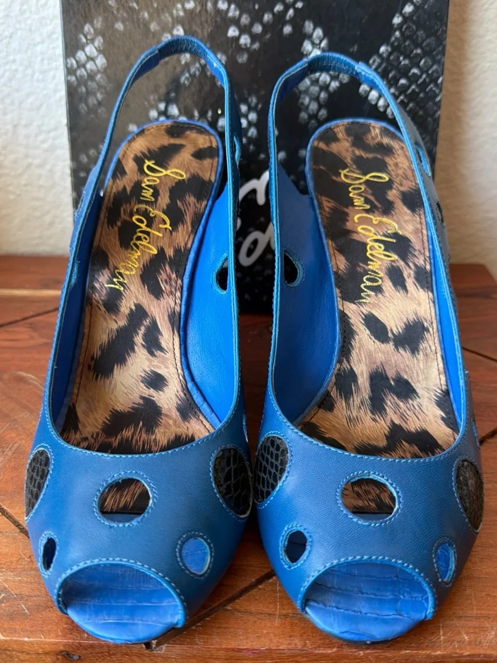 Sam Edelman Blue Cutout Peep-Toe Slingback Wedges